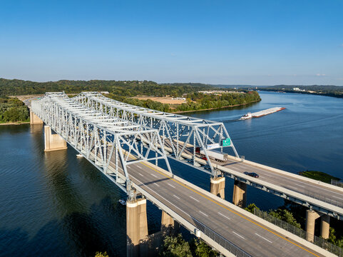 Aerial, Late Evening View of the Combs-Hehl Bridge - Interstate 275 - Ohio River - Kentucky and Ohio