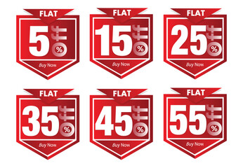 Red vector sticker pack with key discount percentages (5%, 15%, 25%, 35%, 45%, 55% off). Ideal for sales promotion and quick offer display