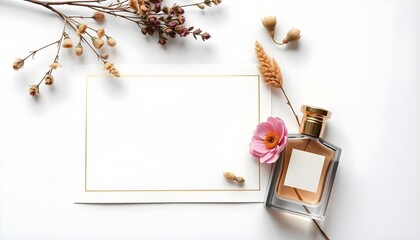 Luxury gold frame stationery mockup flat lay with perfume bottle | Elegant wedding invitation or greeting card template | Minimalist cosmetic branding presentation with dried florals