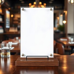 Empty vertical acrylic menu frame mockup on wooden table | Blank table sign holder in upscale bar interior for food specials | Clear plexiglass card stand design template for premium dining