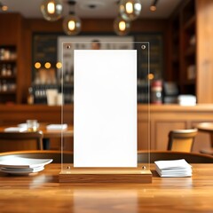 Acrylic menu stand mock-up on wooden restaurant table | Vertical plexiglass sign holder template for bar promotions | Blank table tent display frame in luxury dining interior | Upscale bar advertiseme