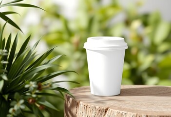Blank white disposable coffee cup mockup on natural wood podium | Eco-friendly coffee branding presentation against lush green background | 3D render takeaway cup template | Outdoor product display ma