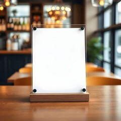 Blank Acrylic Menu Sign Mockup on Restaurant Table | Vertical Plexiglass Table Tent Display Stand Template | Modern Bar Cafe Tabletop Sign Holder with Wooden Base