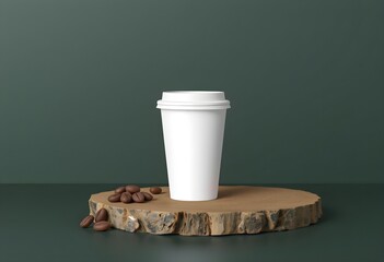 Blank white disposable coffee cup packaging mockup | Coffee cup on wood slice pedestal dark green background | Branding presentation template for tall paper hot drink cup | High-resolution 3D render w