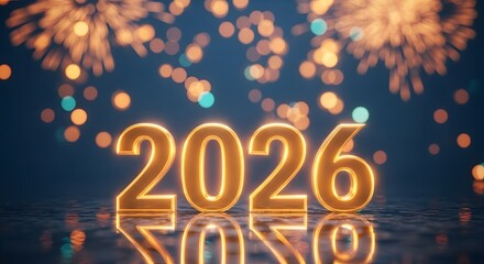 Golden 2026 new year celebration with fireworks