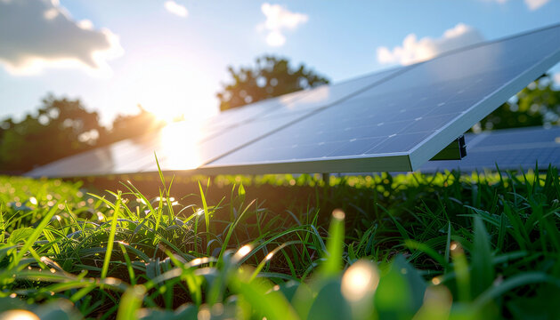 Solar panels glowing in sunset over green grass