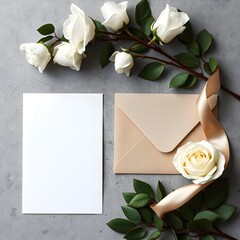 Feminine desktop flat lay with blank invitation card mockup | Elegant wedding stationery and floral composition top view | White roses and blush satin ribbon on gray concrete background | Romantic gre