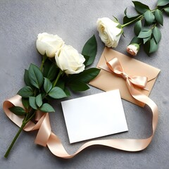 Moody wedding invitation mockup flat lay on gray concrete | Elegant beige envelope and white roses stationery composition | Blank vertical A5 paper card with ribbon and flowers | Feminine floral deskt