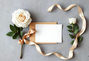 Elegant wedding invitation mockup on gray concrete background | Blank greeting card with white roses and golden ribbon flat lay | Luxury feminine desktop composition for beauty branding | Top view of 