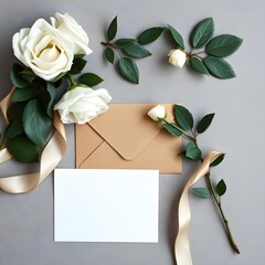 Elegant wedding invitation mockup with white roses and tan envelope | Romantic feminine stationery flat lay composition on gray background | Blank greeting card template for wedding or bridal shower d