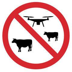 Drone prohibition sign with grazing cows on a transparent background