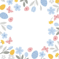 Colorful painted eggs and flowers decorate a square frame for a happy Easter celebration.