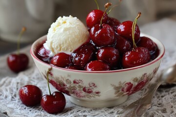 Delicious Cherries Jubilee in a Bowl Topped with Creamy Vanilla Scoop - Irresistible Dessert for a Delightful Dinner