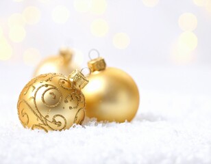 Ornate golden Christmas ornaments resting on simulated snow background Generative AI