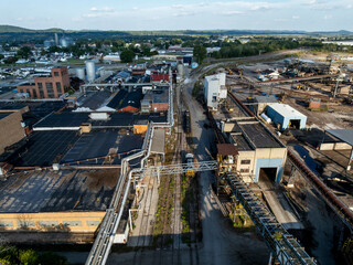 Aerial of Closed & Abandoned Paper Mill at Late Evening / Sunset - Chillicothe, Ohio