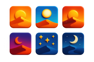Desert Time Icon Set. 3D icon set of desert time-of-day scenes: sunrise dune, blazing noon, long shadow evening, purple dusk,