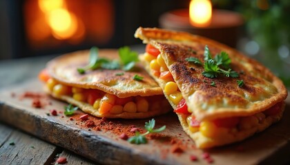 Two veggie samosas with fresh parsley on cutting board. Crispy pastry filled with sweetcorn and tomatoes. Vegetarian snack is on wooden desk near a fireplace with warm light. Delicious food.