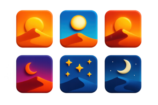 Desert Time Icon Set. 3D icon set of desert time-of-day scenes: sunrise dune, blazing noon, long shadow evening, purple dusk,