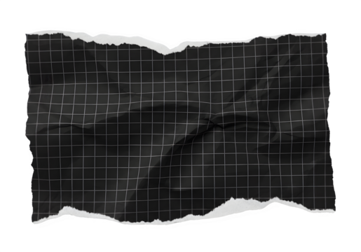 Wrinkled Black Grid Paper Banner or Ripped Adhesive Tape with Torn Edges Isolated on Transparent Background PNG