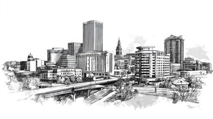Fototapeta premium Artistic Representation of Akron Skyline: A Hand-Drawn Sketch of Ohio's Urban Landscape