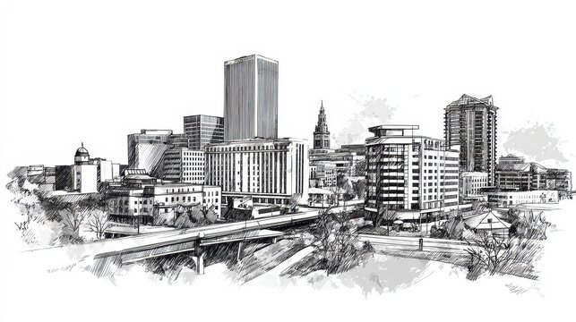 Artistic Representation of Akron Skyline: A Hand-Drawn Sketch of Ohio's Urban Landscape
