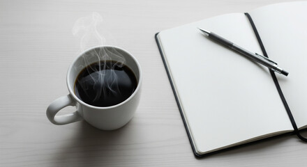 Steaming Black Coffee Next to an Open Blank Notebook and Pen
A minimalist, top-down view of a white ceramic mug filled with hot black coffee, with visible steam rising from the surface