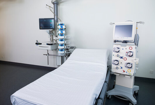 Hospital room with intensice car unit (ICU) and dialysis machine.