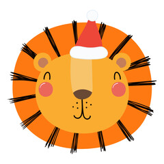 Lion in a Santa Claus hat isolated on transparent. Hand drawn flat vector illustration. Cute cartoon character. Traditional Christmas, New Year, seasonal design element, holiday clip art
