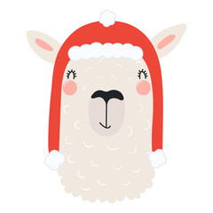 Llama in a Santa Claus hat isolated on transparent. Hand drawn flat vector illustration. Cute cartoon character. Traditional Christmas, New Year, seasonal design element, holiday clip art