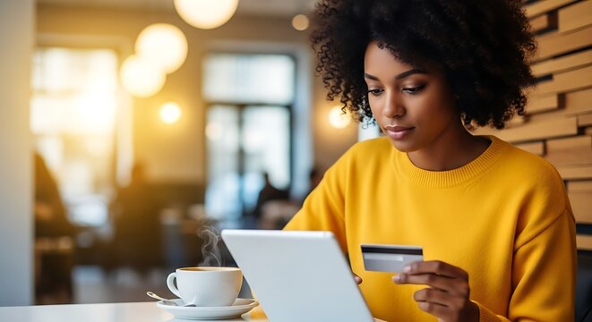 Woman using tablet and credit card in cafe with coffee on the table near her