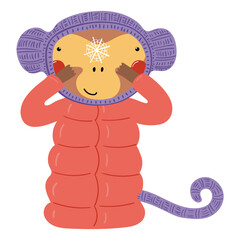 Monkey in a knitted hat, down coat isolated on transparent. Hand drawn flat vector illustration. Cute cartoon character. Traditional Christmas, New Year design element, clip art