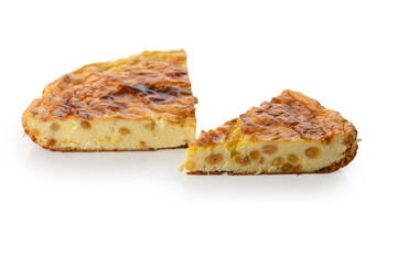 Two slices of cottage cheese raisin pie on white