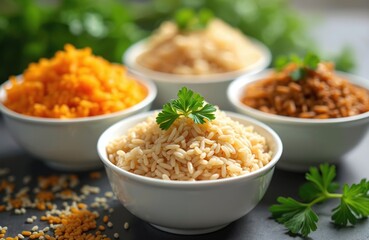 Assortment of colorful brown rice varieties sits on dark grey surface. Different grains display natural hues from orange to deep red. Fresh parsley garnish adds visual appeal alongside uncooked rice