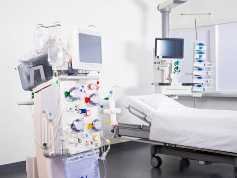 Hospital room with intensice car unit (ICU) and dialysis machine.