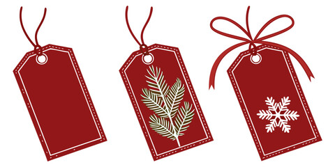 elegant and festive christmas gift tags in muted burgundy red with white dashed outlines, featuring pine branches, snowflakes, and red ribbons