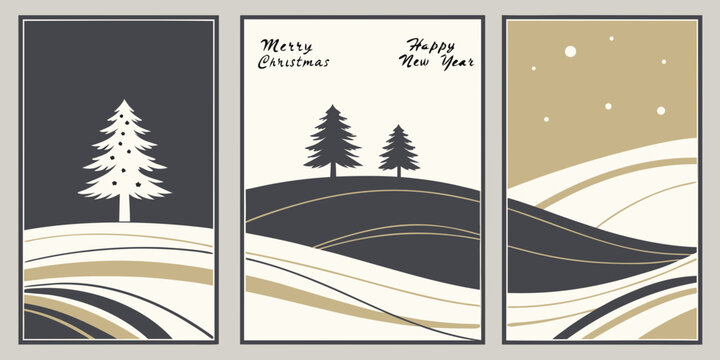 elegant minimalist christmas and new year vertical banners featuring stylized trees and abstract wavy snowy landscapes in dark charcoal gray, off-white, and golden beige