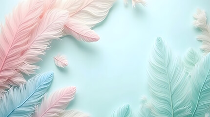 Abstract background with soft, pastel-colored feathers delicately scattered across the frame, featuring gentle hues of pale pink, baby blue, and mint green, in a beautiful flat lay composition