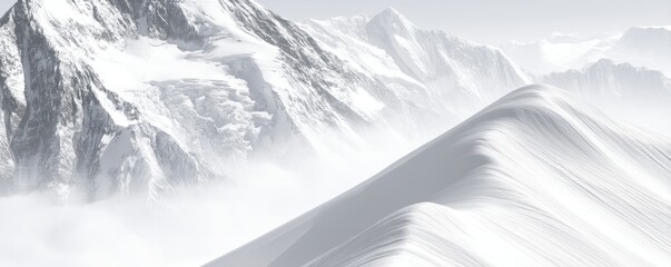 Serene, snow-covered mountain peaks rise majestically under a pale sky, creating a breathtaking winter landscape