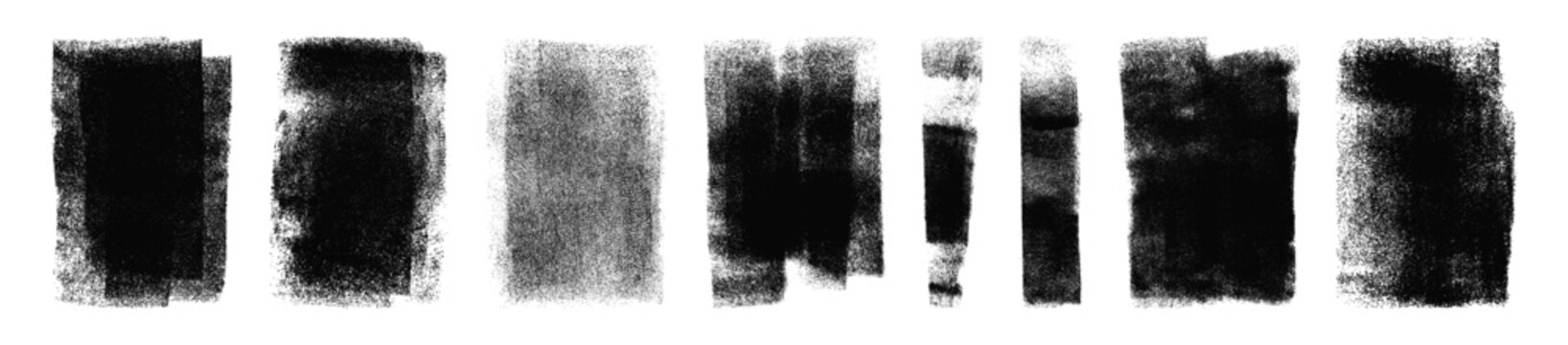 Set of grunge rolled ink stamp textures handmade with brayer. Letterpress vintage rough irregular rectangle vertical backgrounds Linocut relief printing shapes vector illustration transparent backdrop