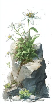 Edelweis: Alpine Jewel. White Flower Thriving on Rocky Mountain Terrain Surrounded by Lush Greenery