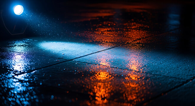 Rainy night street reflections of blue and orange lights - Powered by Adobe