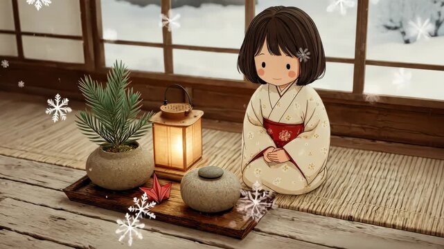 Animated winter scene with snowflakes falling around a cozy indoor setup