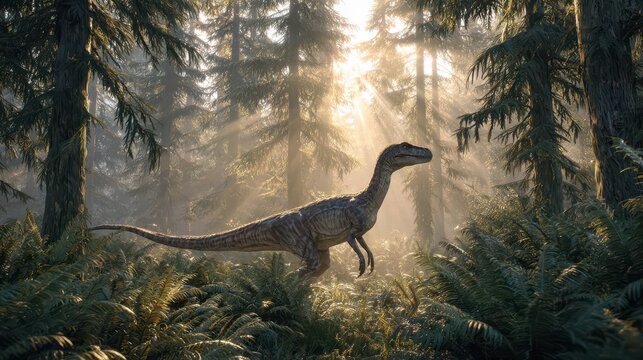 Coelophysis: A Carnivorous Dinosaur Striding Through a Fern-Laden Forest with Rays of Light