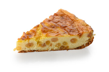 Piece of cottage cheese pie with raisins on white background