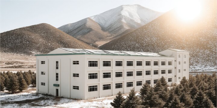 A modern, white building stands against a backdrop of snow-dusted mountains under a bright sun - Powered by Adobe