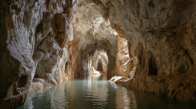 Grotte Di Frasassi: Spectacular Karst Caves of Genga, Ancona, Italy with Stalactites and Stalagmites by a Flowing River