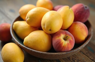 Close up bowl of ripe yellow mangoes and red peaches. Juicy fruits pile up on wooden table. Sweet, fresh, organic produce for healthy eating.