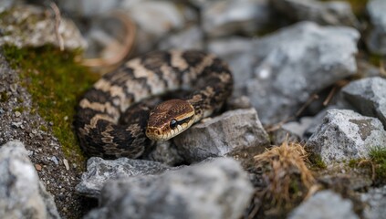 Fototapeta premium viper among the stones in the high mountains close up