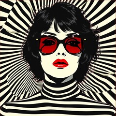 Bold woman in red sunglasses against black and white striped background showcasing retro fashion style