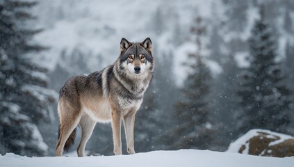 Fototapeta premium wolf in alpine environment in winter in foreground